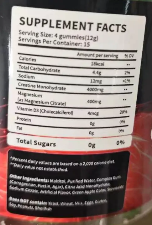 Photographed Green Apple supplement facts and ingredients label.